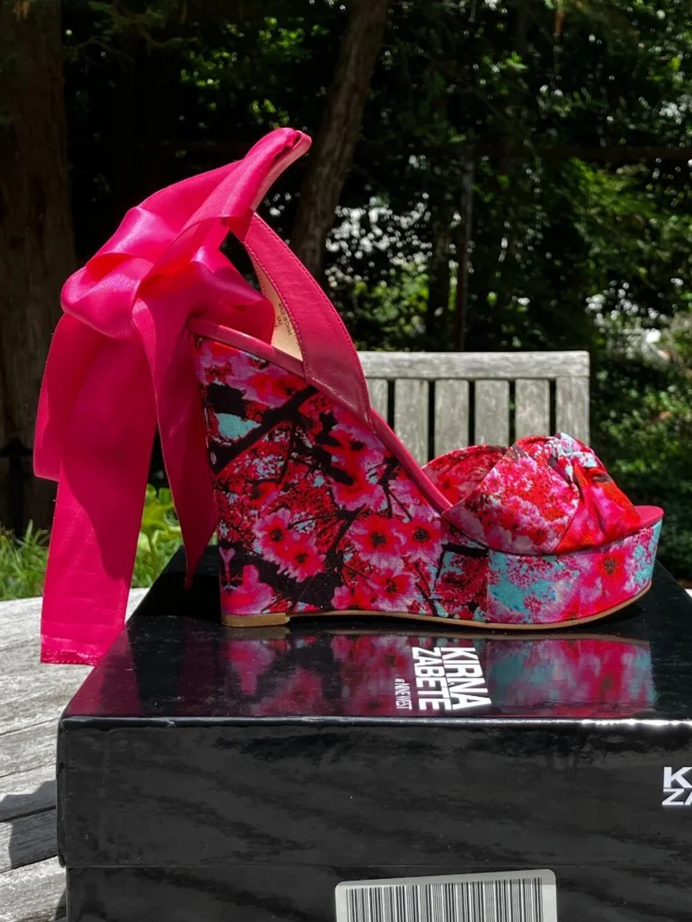 NWT🌺Cherry Blossom and Pink Satin Ribbon Platform Wedge Sandals